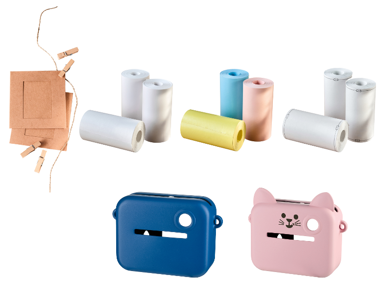 Blaue und rosa Taschen-Drucker mit Papierrollen in verschiedenen Farben und braunen Fotorahmen.