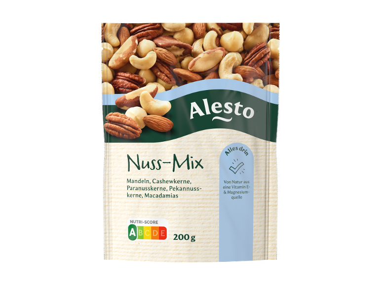 Alesto Nuss-Mix mit Mandeln, Cashewkernen, Paranusskernen, Pekannusskernen und Macadamias.