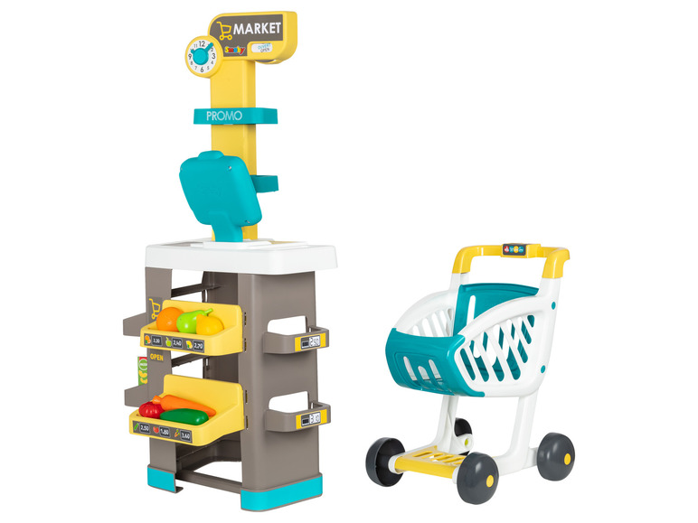 Ein Spielzeugladen mit einem Einkaufswagen, Kasse und Spielzeuggemüse