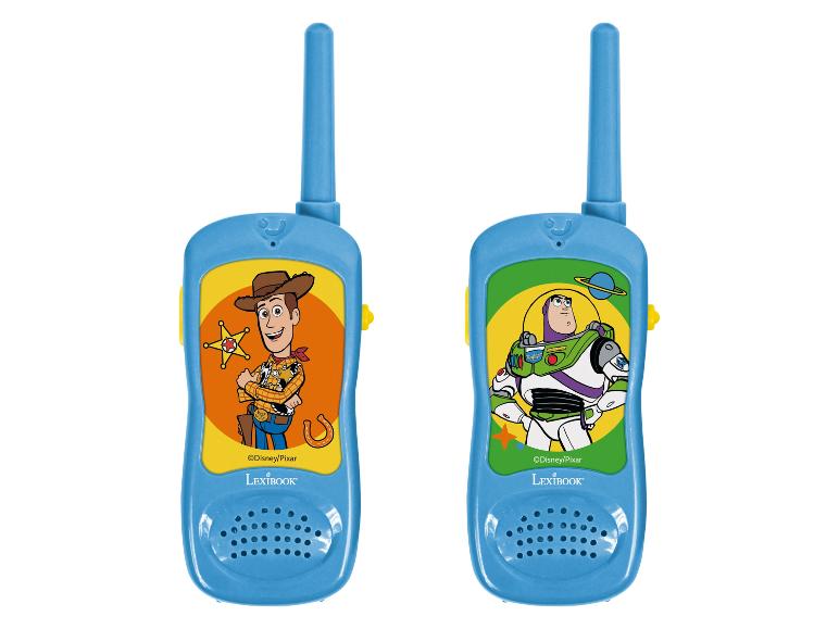 Zwei blaue Kinder-Walkie-Talkies mit Toy Story-Charakteren: Woody und Buzz Lightyear.