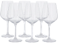 Sechs elegante, klare Weingläser aus Glas, in zwei Reihen vor schwarzem Hintergrund angeordnet.