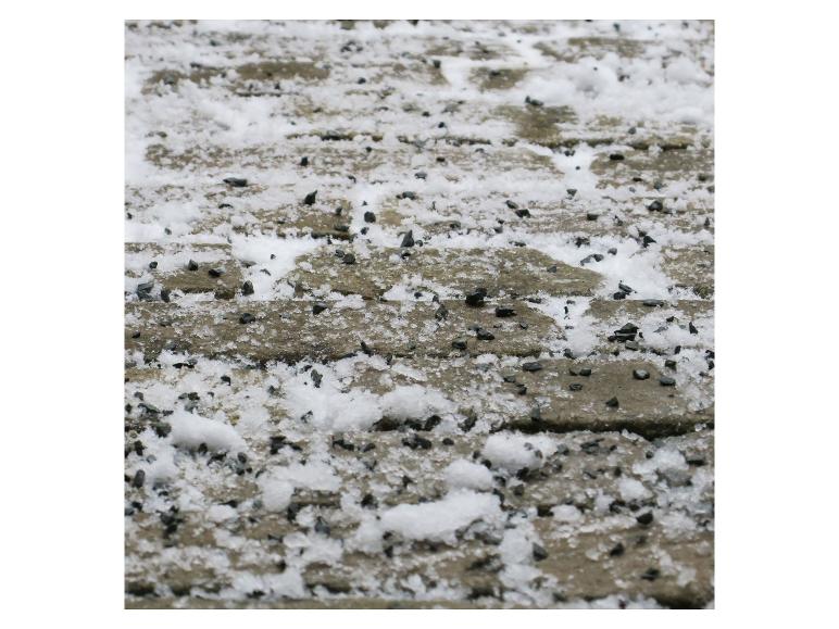 Nahaufnahme von Schnee und Kies auf einer strukturierten Oberfläche