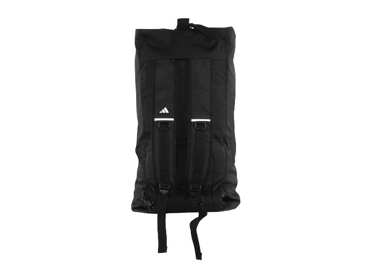 Schwarzer Rucksack mit Schultergurten und weißen Details, Rückansicht