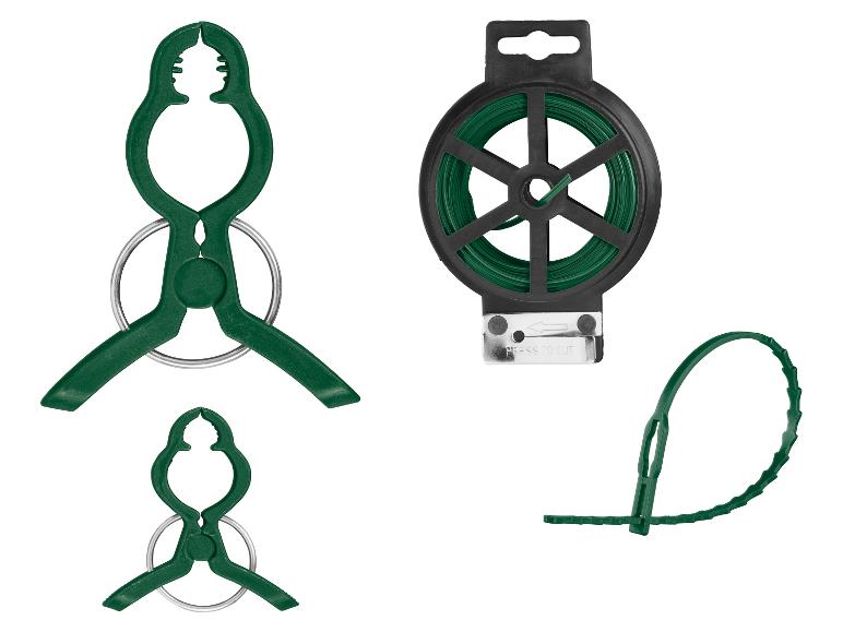 Gartenzubehör-Set: grüne Pflanzenclips, Gartendraht auf Spule mit Schneider und Kabelbinder.