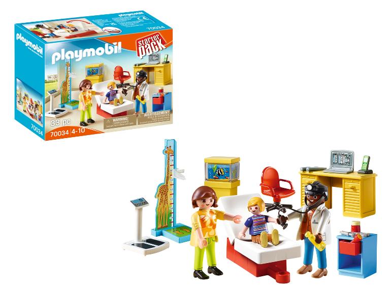 Playmobil Arztpraxis mit einem Arzt, einem Patienten, einer Waage und einem Maßband.