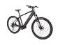 Schwarzes elektrisches Mountainbike mit dicken Reifen und Federgabel.