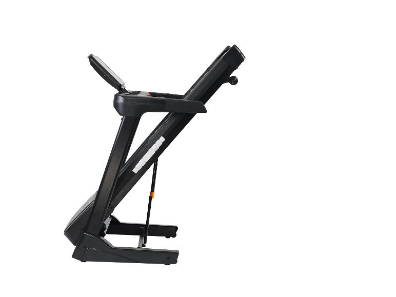 Schwarzes Laufband mit Display und Griffen auf weißem Hintergrund.