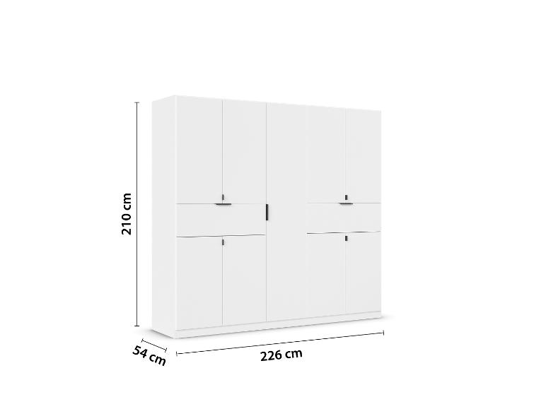Ein weißer Kleiderschrank mit drei Türen und Schubladen.