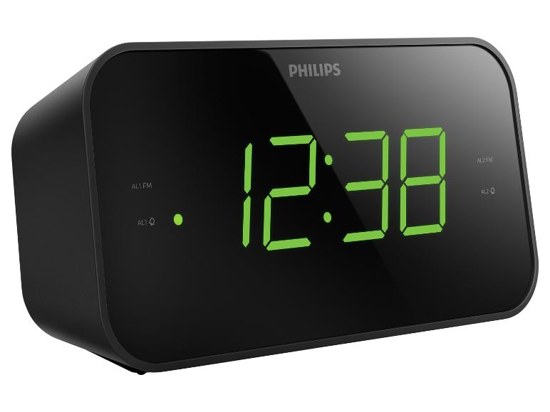 Schwarzer Philips Digitalwecker mit grünem Display, das 12:38 anzeigt