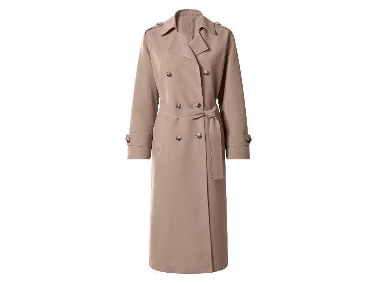 Langer beiger zweireihiger Trenchcoat mit gebundenem Gürtel.