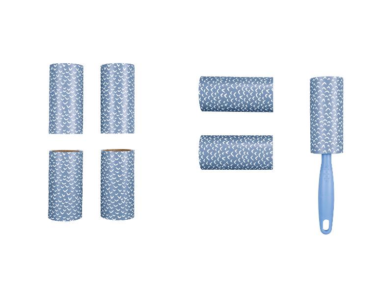 Fusselroller und Nachfüllrollen, blau-weißes Muster.