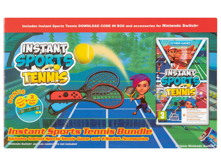 Instant Sports Tennis Bundle mit Downloadcode, zwei Schlägern und Zubehör für Nintendo Switch.