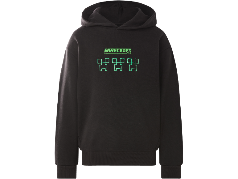 Schwarzer Hoodie mit grün gesticktem Gaming-Logo und pixeligen Charakter-Umrissen