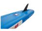 Blaues aufblasbares Stand-Up-Paddleboard mit Finne und Maßen 320cm x 84cm x 15cm.