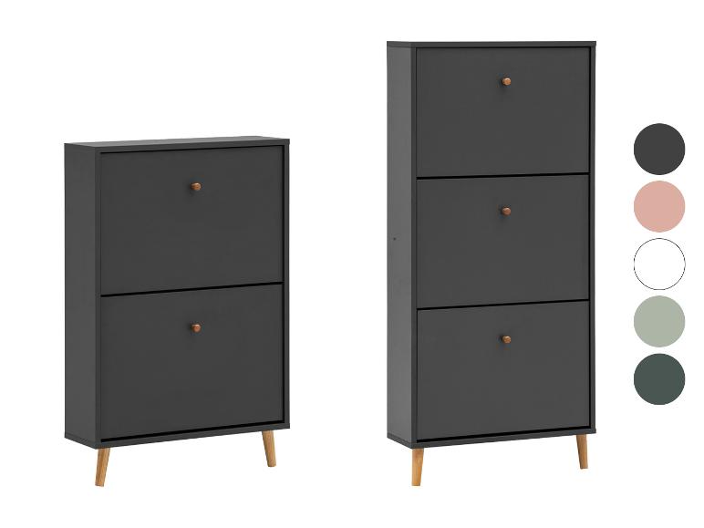 Zwei dunkelgraue Schuhschränke mit Holzgriffen und -beinen, mit Farbmustern.