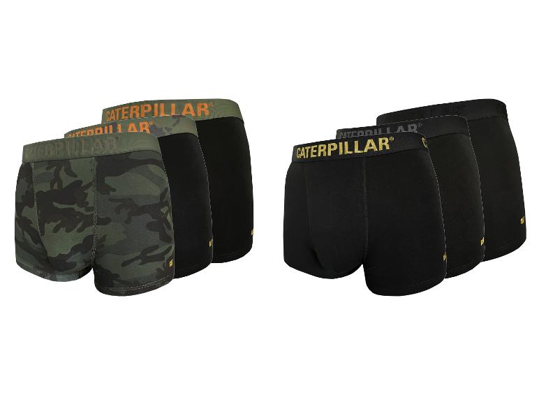 Herren-Boxershorts-Set: drei schwarze und drei im Camouflage-Muster.