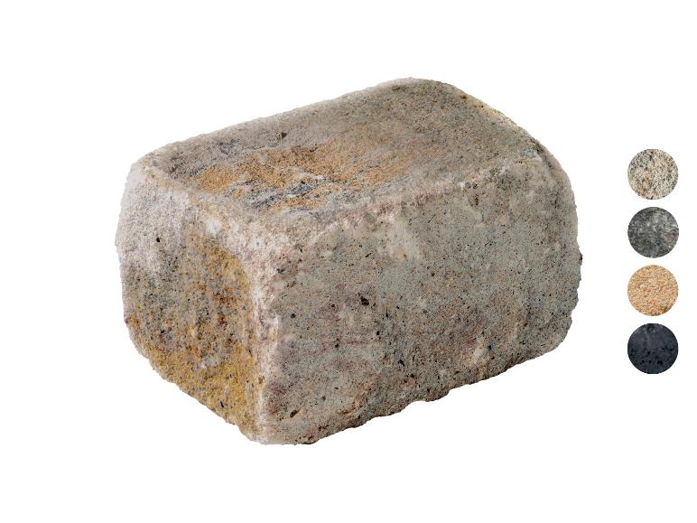 Grauer und beiger Pflasterstein mit vier Farbmustern an der Seite