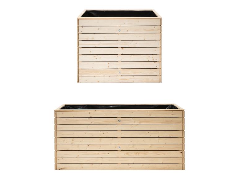 Zwei Holzpflanzgefäße mit schwarzer Auskleidung, eines quadratisch und eines rechteckig.