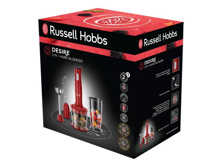 Verpackung für einen roten Russell Hobbs Desire 3-in-1-Stabmixer.