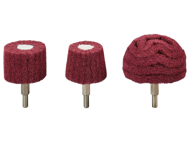 Drei rote Schleifbürsten mit Stahlschaft