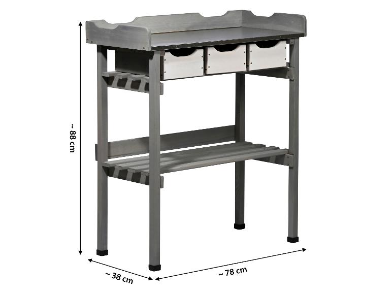 Graue Gartenwerkbank mit drei Schubladen und Ablagen, Maße 88x78x38 cm.