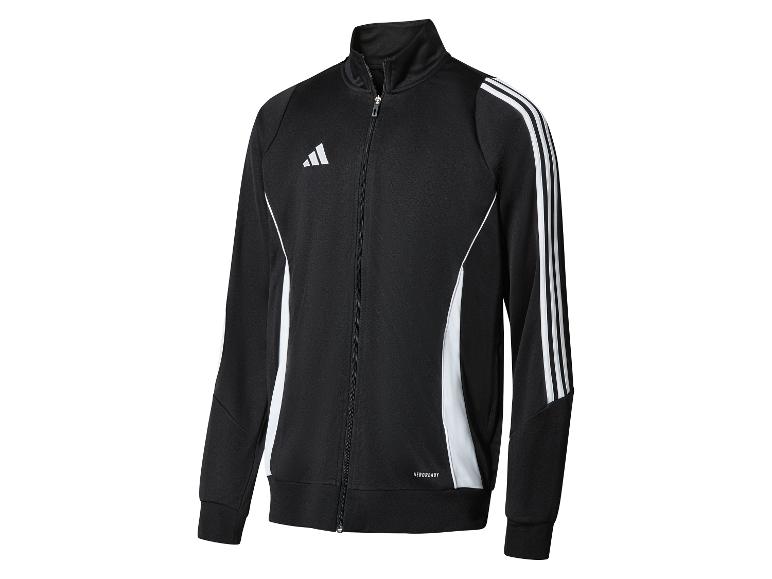 Schwarze Adidas Trainingsjacke mit Reißverschluss, weiße Details.