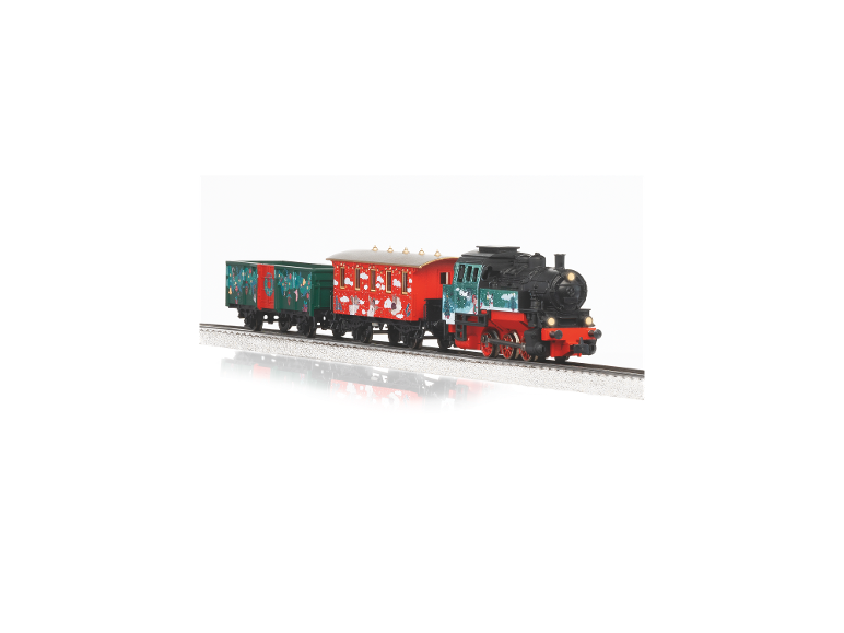 Weihnachtlicher Spielzeugeisenbahn mit Lokomotive und zwei Waggons auf Gleisen.