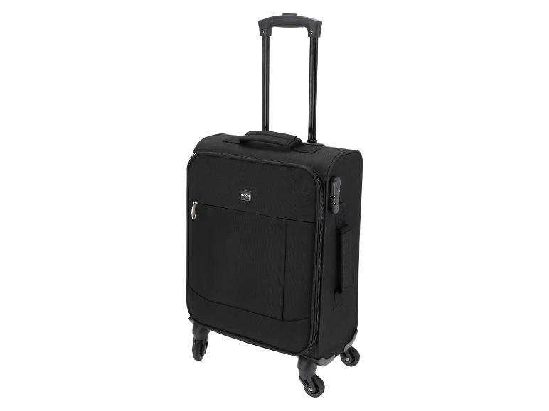 Schwarzer Trolley-Koffer mit ausziehbarem Griff und vier Rollen.