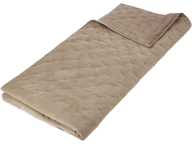 Gefaltete beige Steppdecke mit Muster, teilweise geöffnet, um die Rückseite zu zeigen.