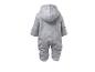 Grauer Baby-Overall mit Kapuze, von hinten gesehen.