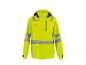 Leuchtend gelbe Jacke mit reflektierenden Streifen und Kapuze.