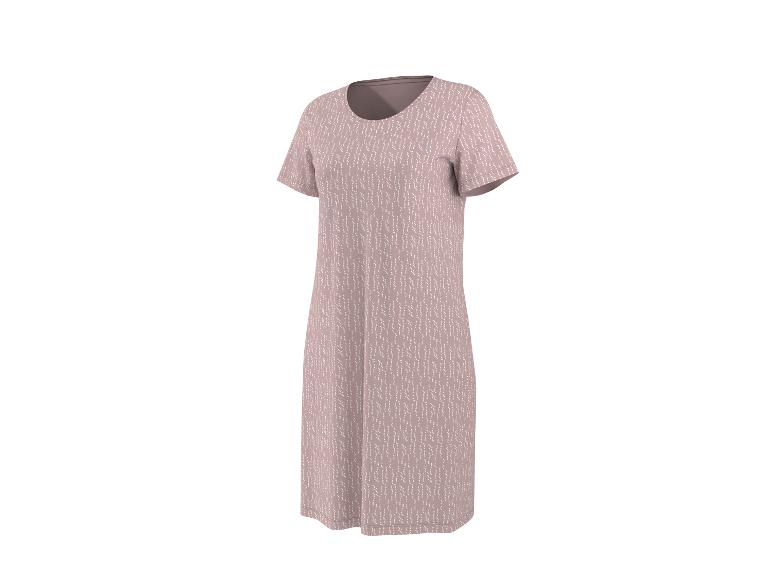 Damenkleid in Mauve mit weißem Punktmuster, kurzen Ärmeln und Rundhalsausschnitt.