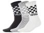 Drei Paar Baumwollsocken mit Karomuster und Logo, in Schwarz, Grau und Weiß.