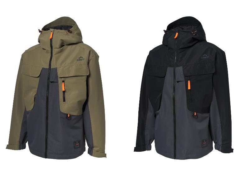 Zwei Herren-Outdoorjacken, eine olivgrün und dunkelgrau, die andere schwarz und dunkelgrau.