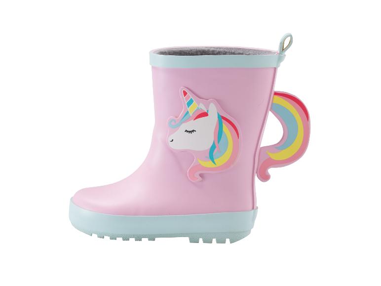 Rosa Kindergummistiefel mit Einhorn-Design und Regenbogen-Griff.