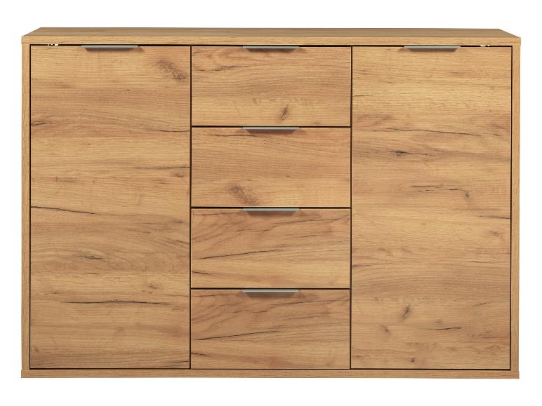 Eine Kommode aus Holz mit vier Schubladen und zwei Türen.