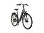 Graues E-Bike mit Gepäckträger und Vorderlicht, Vorderansicht.