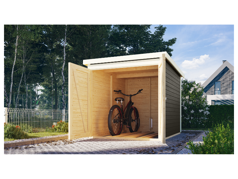 Holz-Gartenhaus mit einem Fahrrad.