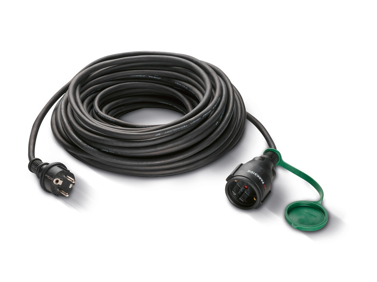 Ein schwarzes Stromkabel mit einem grünen Stecker von Parkside.