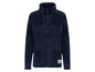 Dunkelblaue Fleecejacke mit Reißverschluss und Kapuze.