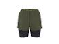 Herren 2-in-1 Sportshorts in Khaki mit schwarzen Leggings und Neonbund.