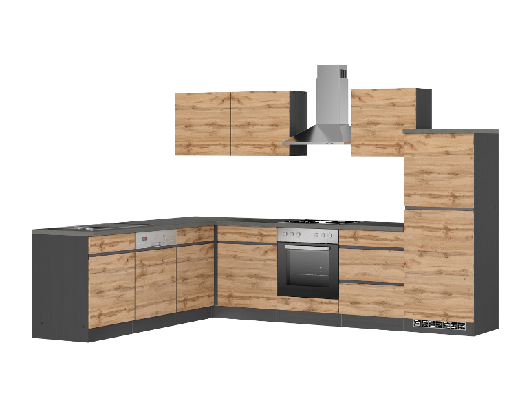 Eckküche mit Holzausführung und eingebautem Backofen.