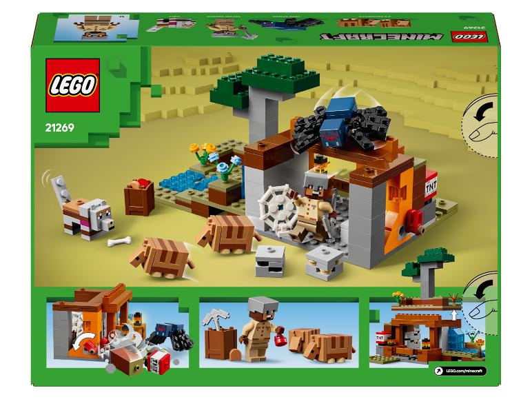 LEGO Minecraft Set 21269 mit einer Wüstenkonstruktion mit einem Charakter, Tieren und einer Spinne.