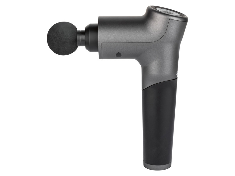 Ein grauer Massagepistole mit einem runden Kopf.