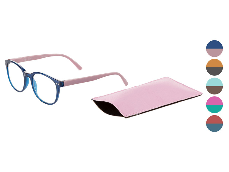 Blaue Lesebrille mit rosa Bügeln und rosa Etui.