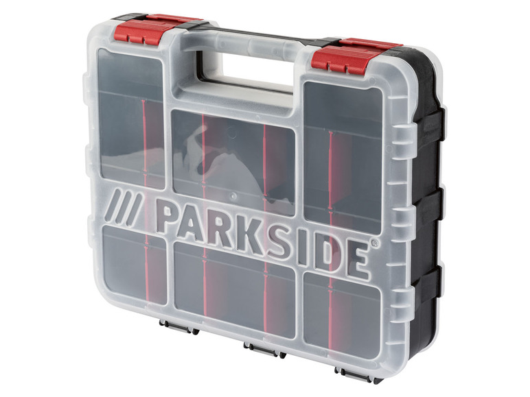 Transparente Werkzeugbox mit mehreren Fächern von Parkside.