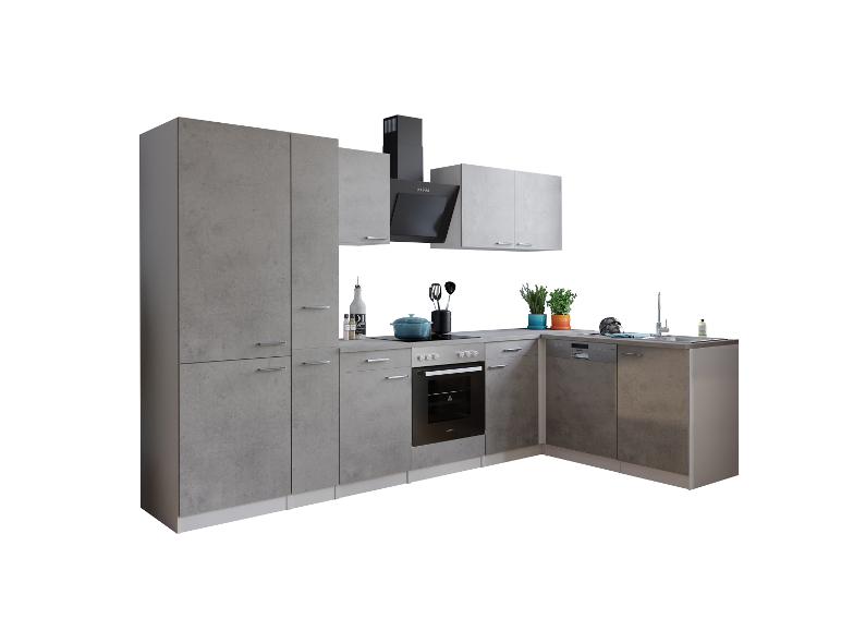 Moderne Eckküche in Betonoptik Grau mit Einbaugeräten und Dekorationen.