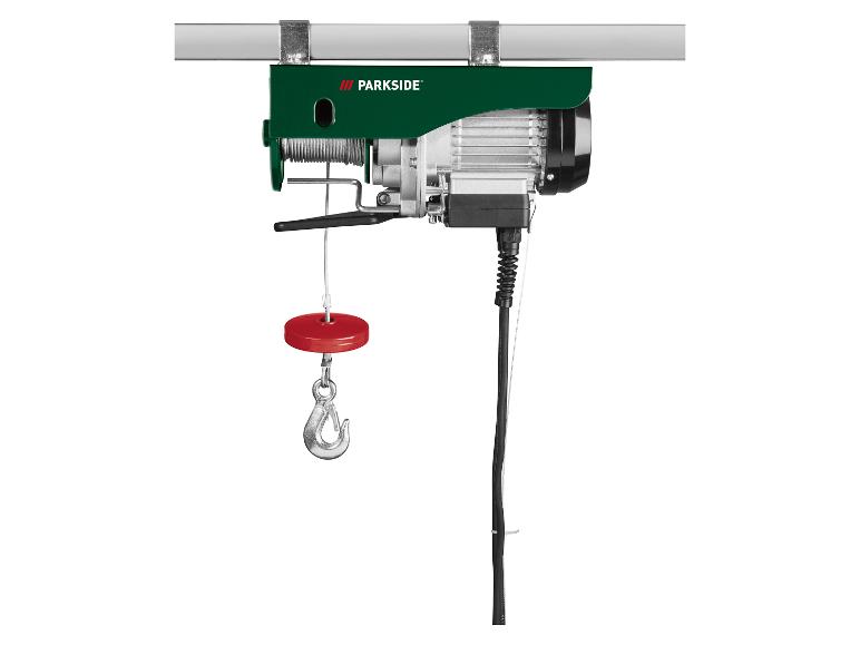 PARKSIDE Elektroseilwinde mit Haken und Drahtseil, montiert an einer horizontalen Stange.