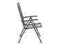 Dunkelgrauer klappbarer Gartenstuhl aus Metall mit Armlehnen.