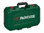 Grüner Parkside Werkzeugkoffer mit schwarzem Griff und roten Verschlüssen.